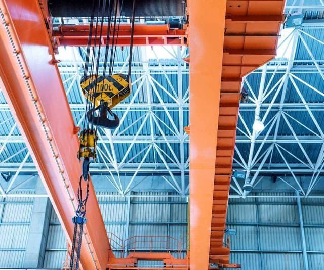 Una gran grúa naranja cuelga del techo de un edificio.
