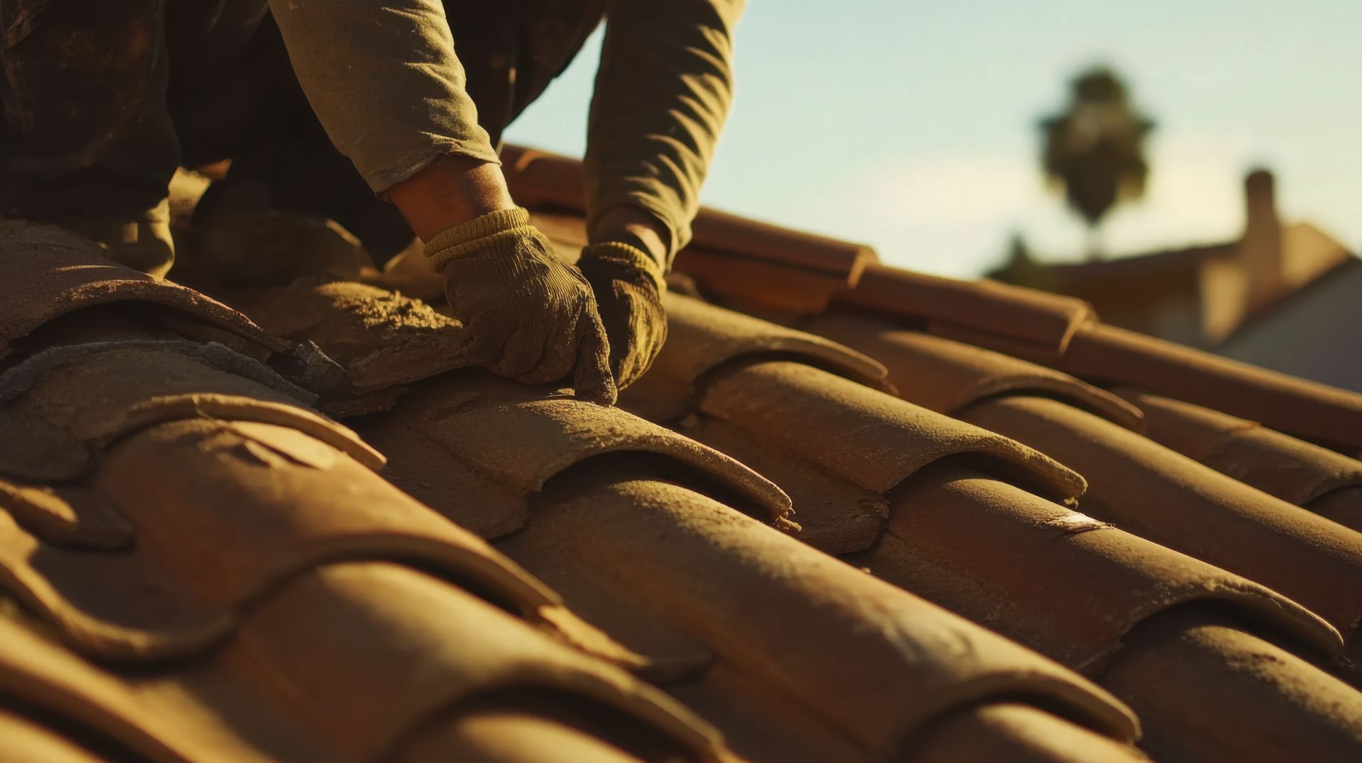 Une personne portant des gants installe des tuiles en terre cuite par une journée ensoleillée.
