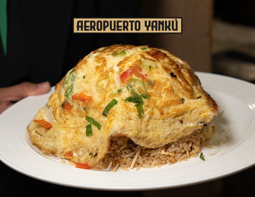 Omelette con verduras de colores sobre arroz frito, servido en un plato blanco. El texto superpuesto dice 