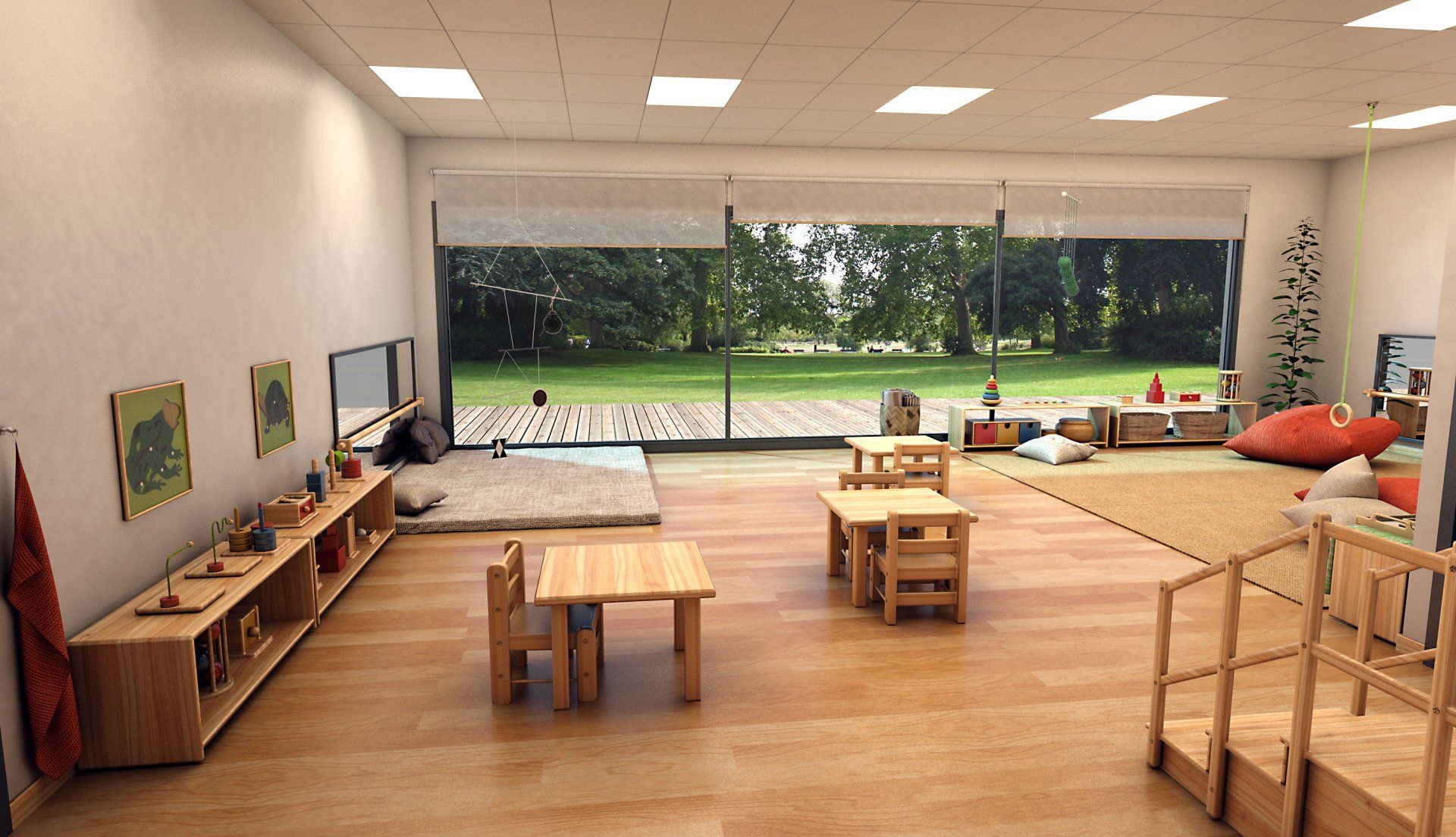 Intérieur de la crèche Nido & Co avec vue sur l'extérieur.