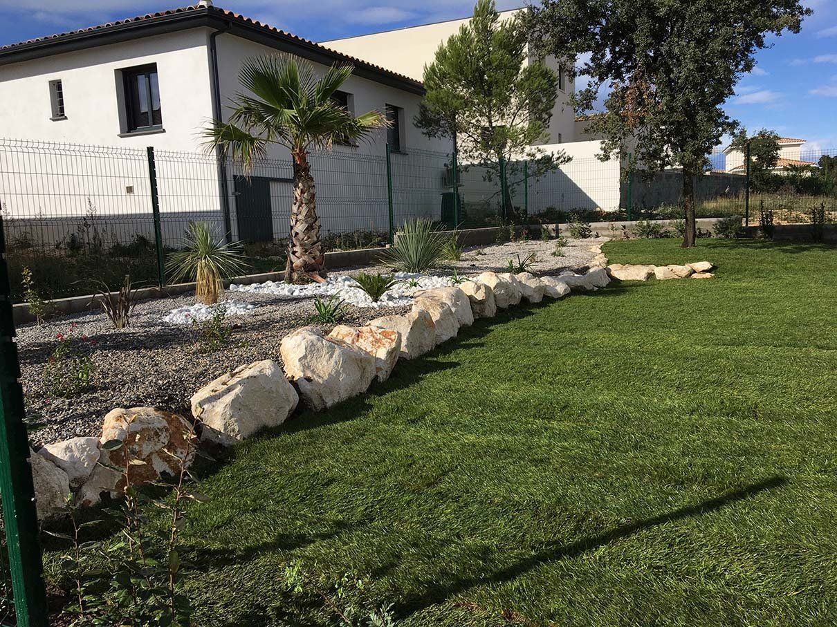 Jardinières avec des jeunes arbres, entourées de roches blanches