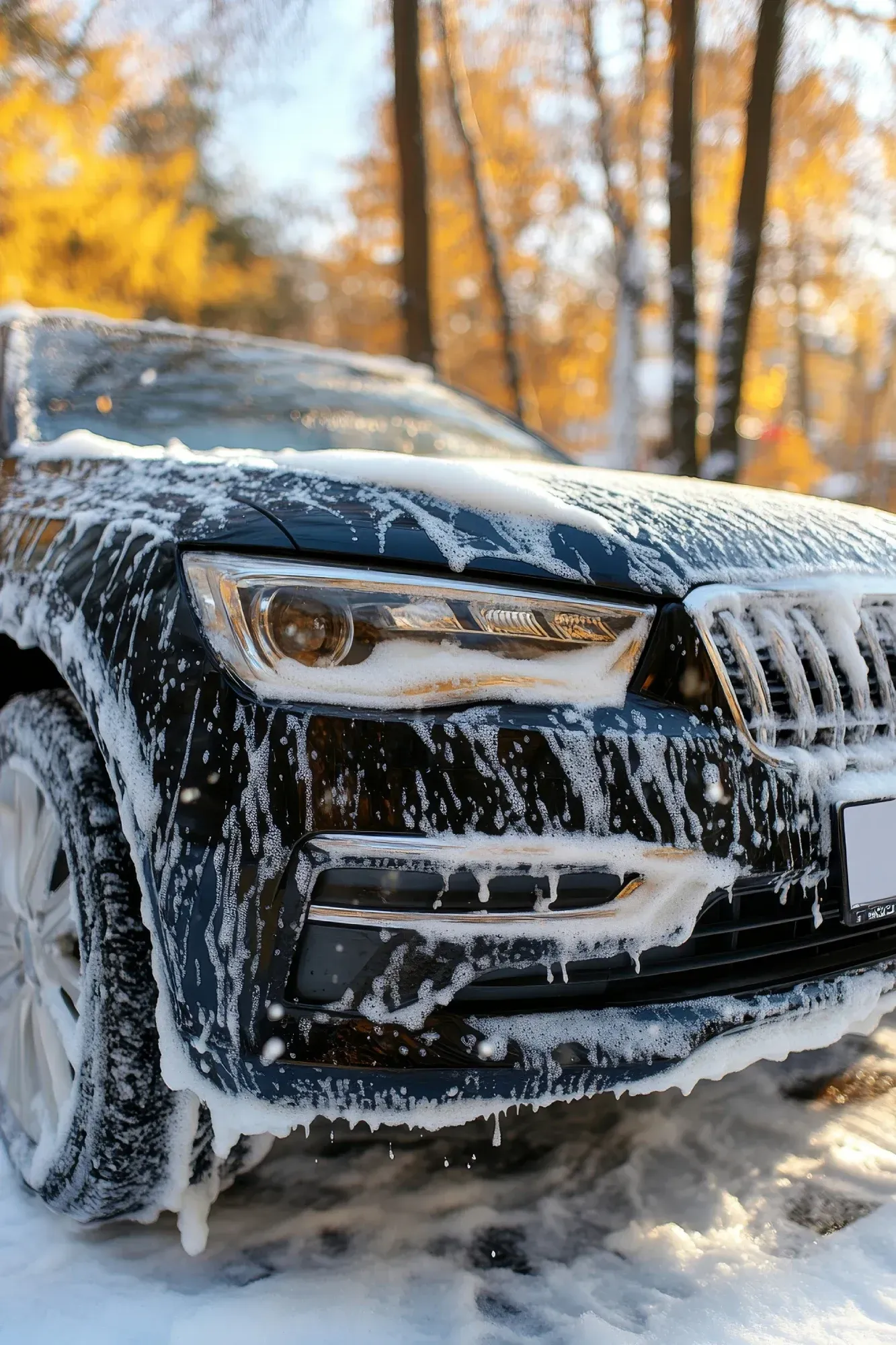 Un todoterreno negro cubierto de espuma de jabón, siendo lavado al aire libre con follaje otoñal de fondo.