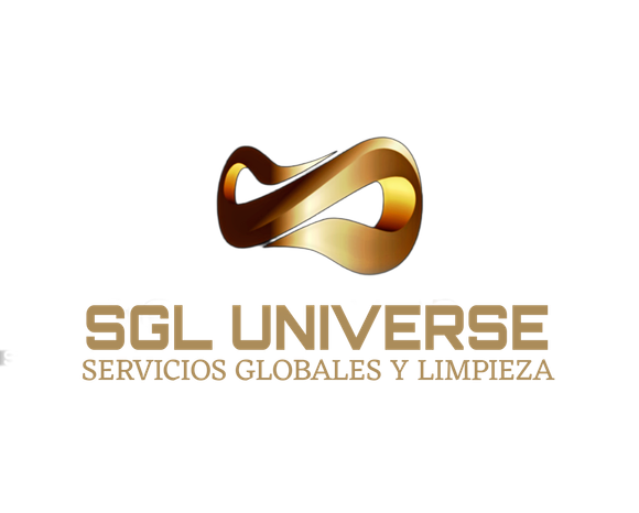 Gold abstract logo with text "SGL UNIVERSE SERVICIOS GLOBALES Y LIMPIEZA" on white background.