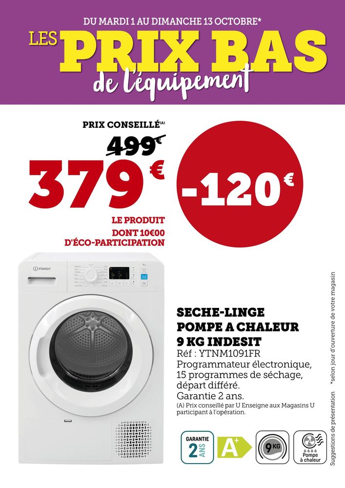 Séche-linge pompe à chaleur 9 kg Indesit 379e au lieu de 499€.