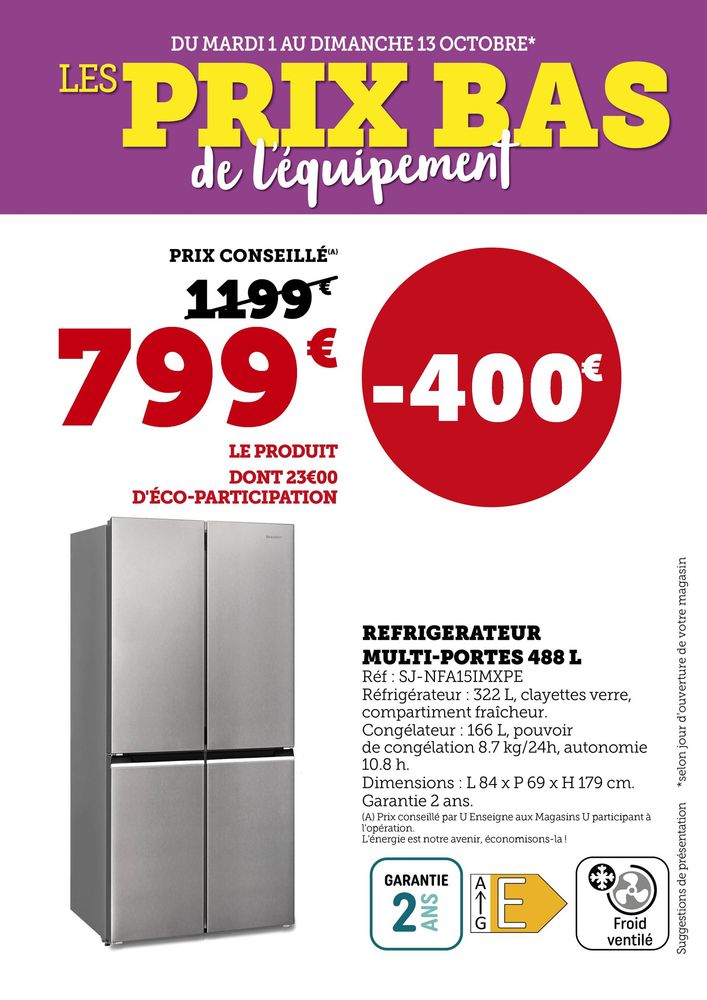 Réfrigirateur multi-portes 488 L 799€ au lieu de 1199€.