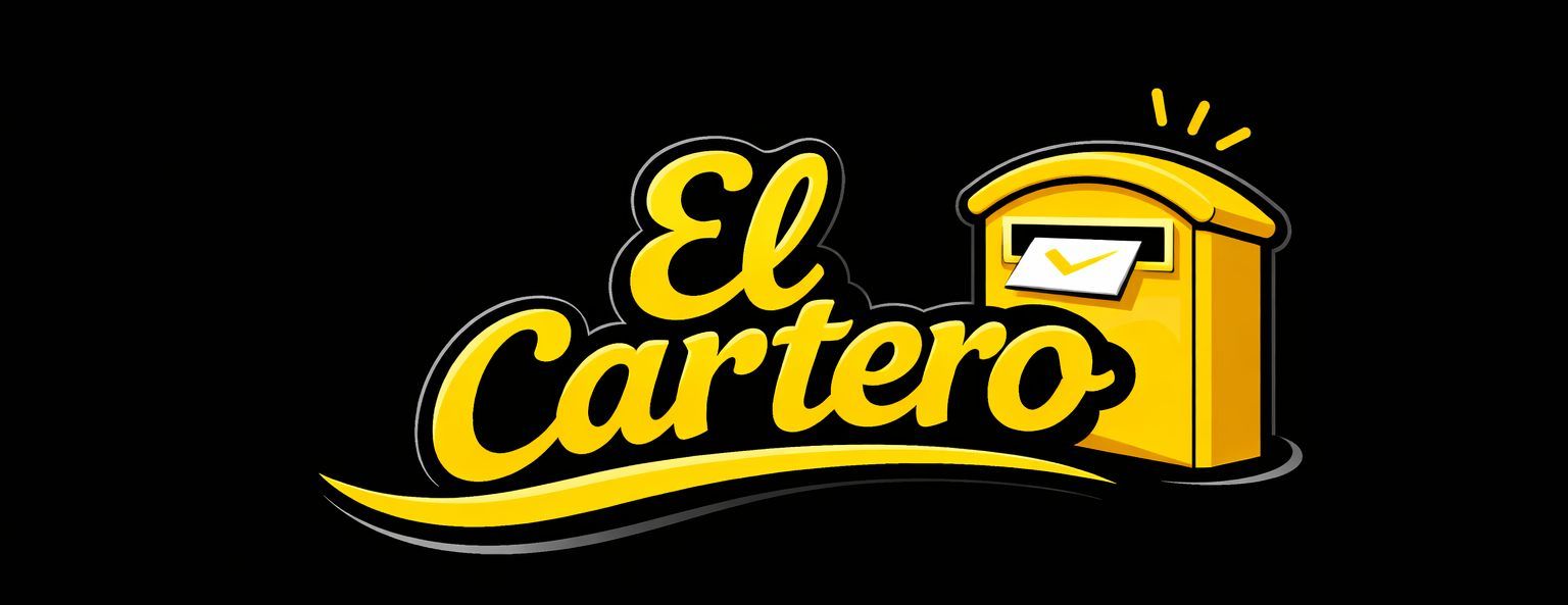 Logotipo de "El Cartero" con texto amarillo y un buzón amarillo sobre fondo negro.