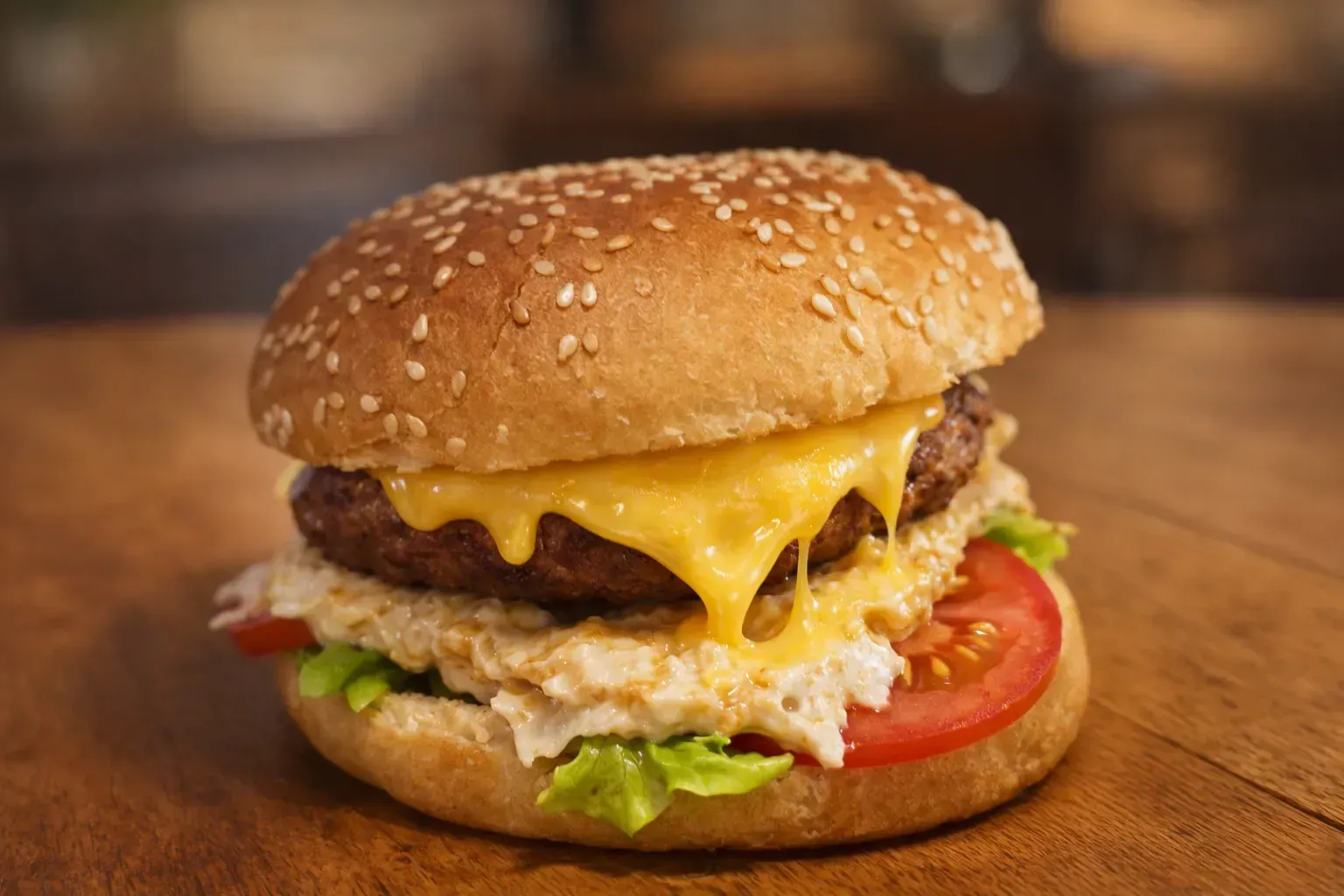 Hamburguesa con queso derretido, rodaja de tomate, lechuga y pan con semillas de sésamo sobre una superficie de madera.