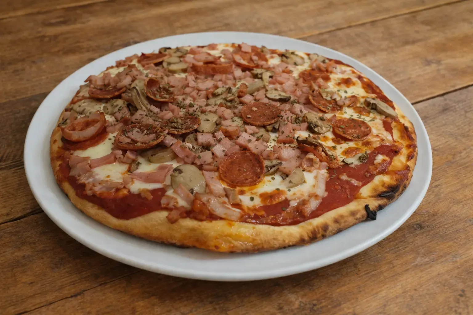 Pizza en un plato blanco, con pepperoni, jamón y champiñones sobre una mesa de madera rústica.