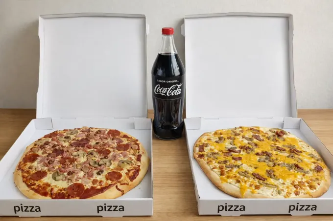Dos pizzas en cajas con una botella de Coca-Cola sobre una mesa.