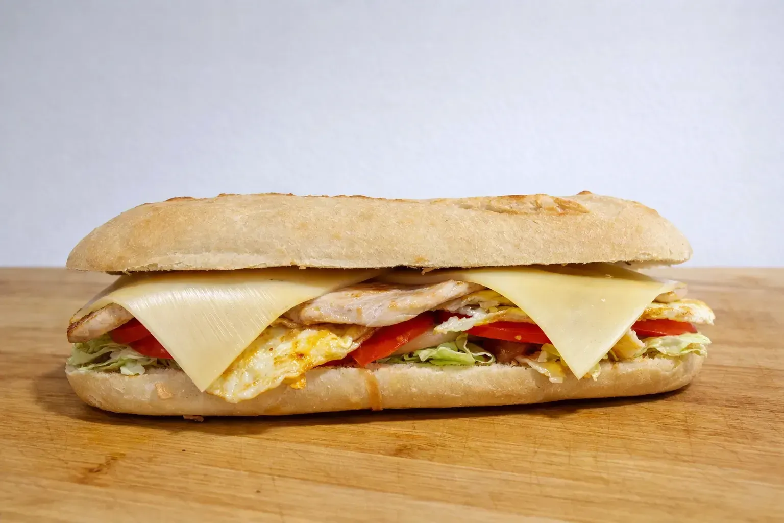 Sándwiches de croissant rellenos de salmón ahumado y queso crema sobre una tabla de madera.