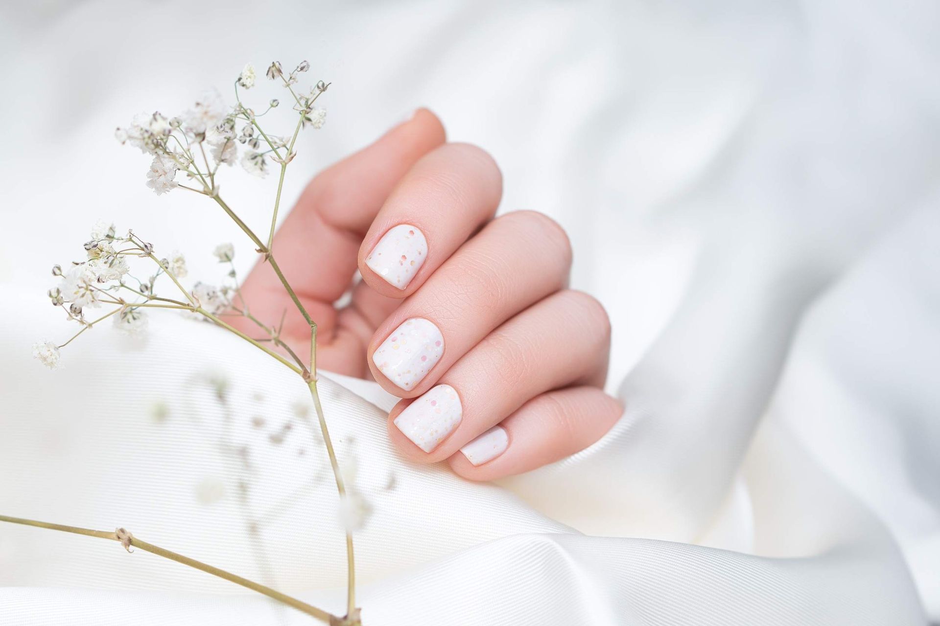 La mano de una mujer con uñas blancas sostiene una flor.