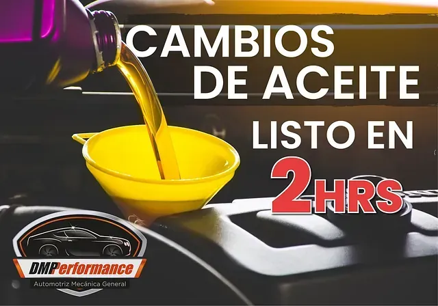 Una persona vertiendo aceite en un embudo amarillo con las palabras cambios de aceite listo en 2 horas