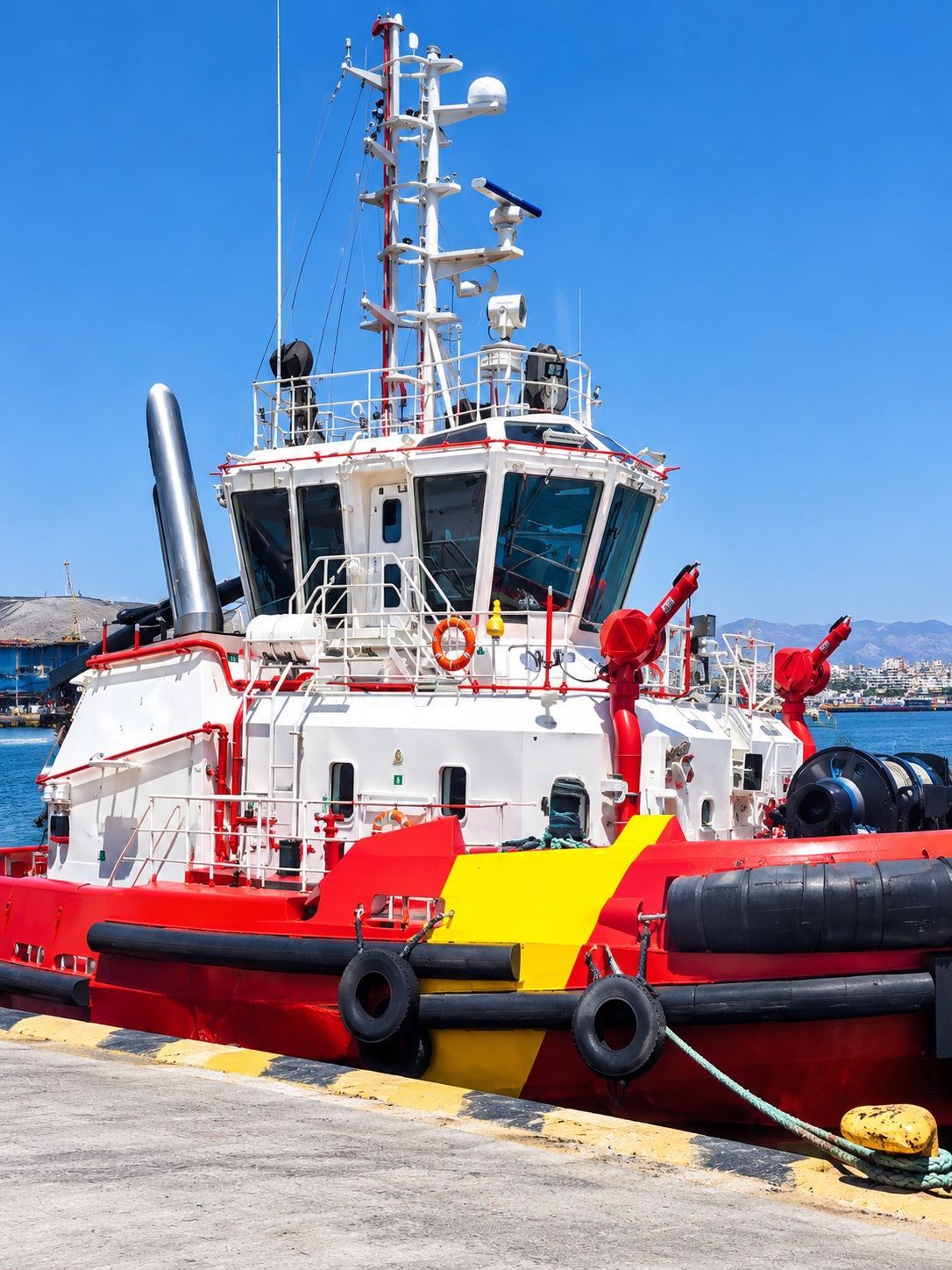 Κόκκινο και λευκό ρυμουλκό δεμένο σε λιμάνι κάτω από καθαρό, γαλανό ουρανό