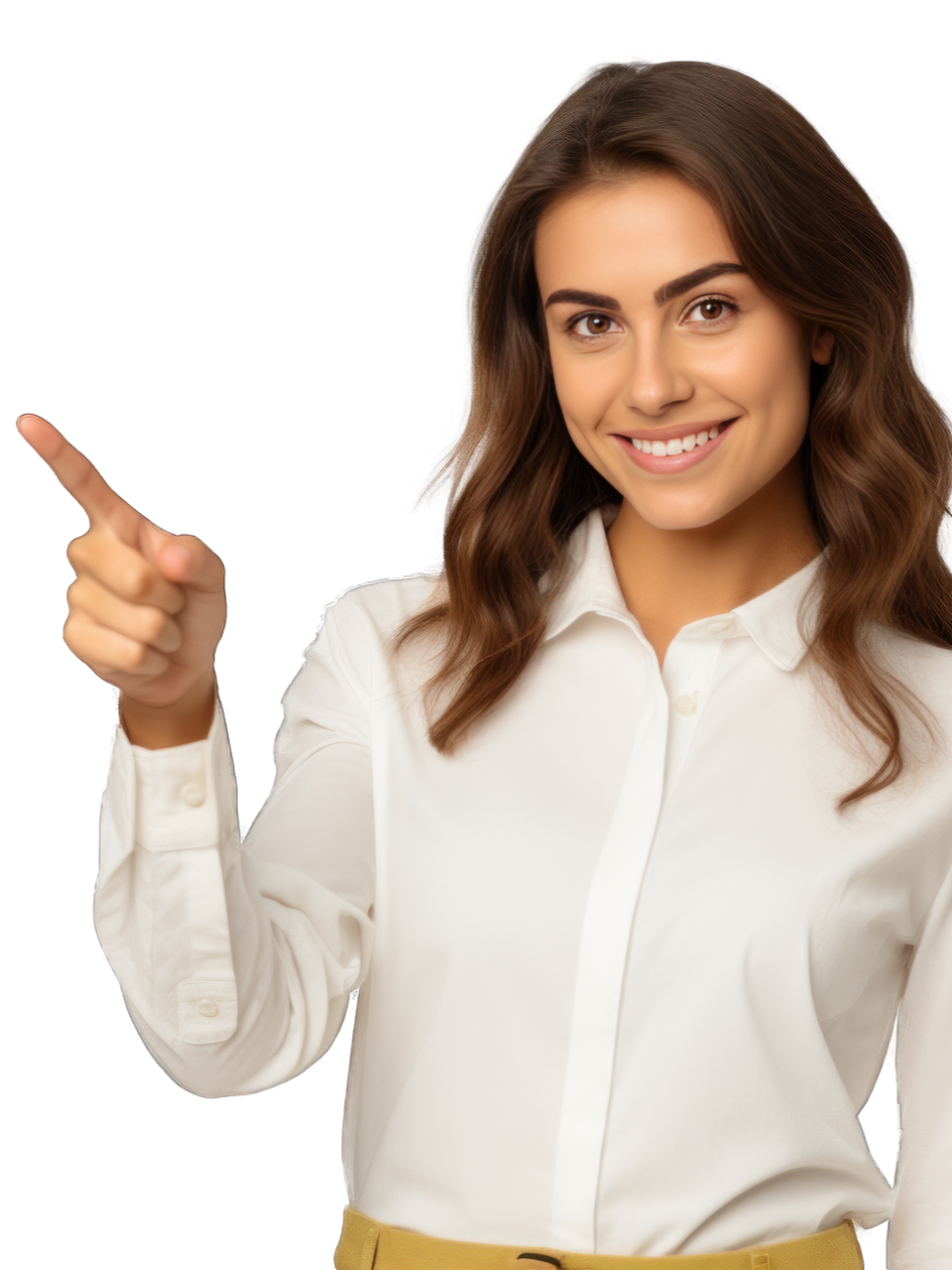 Une femme désignant sa gauche avec son doigt.