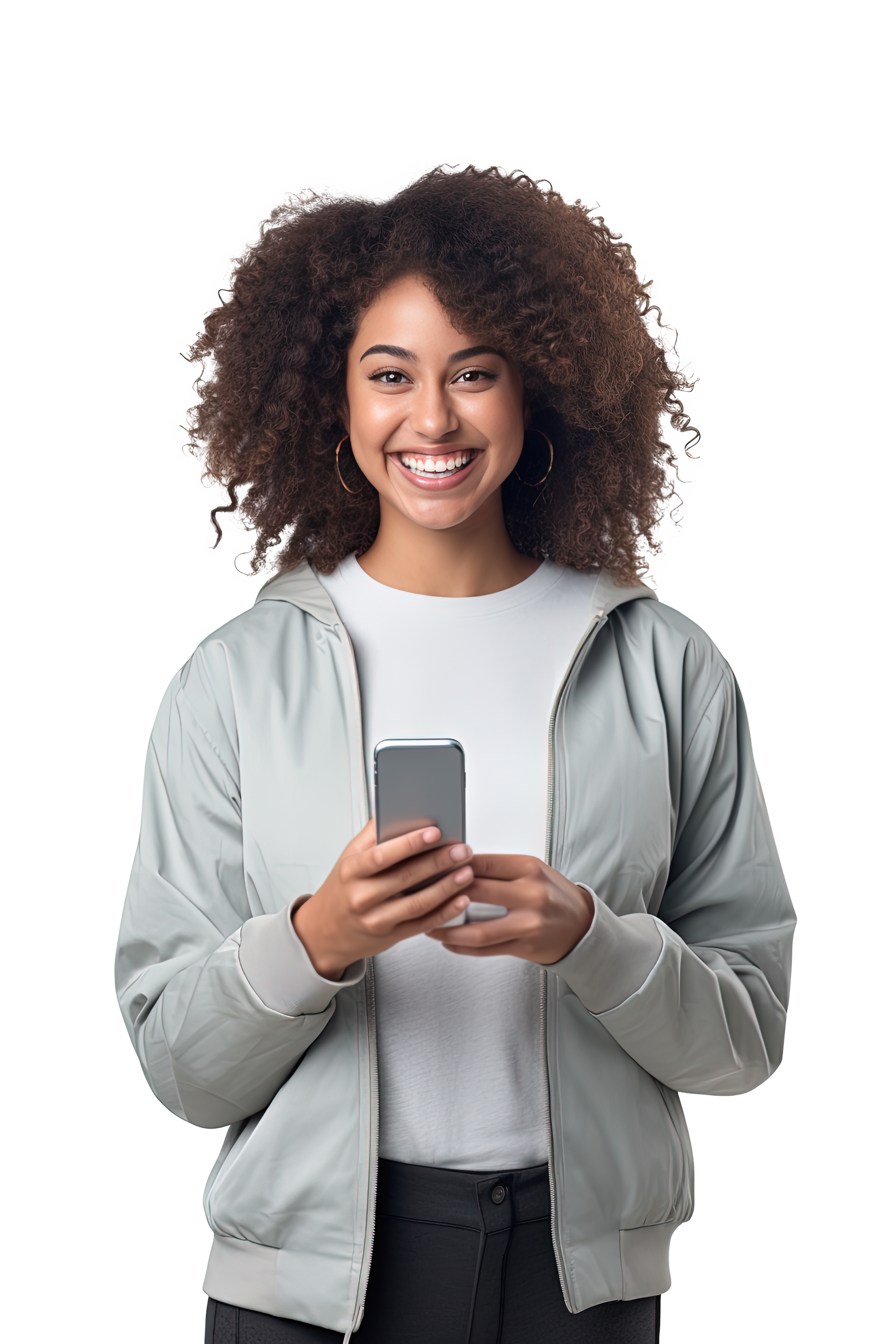 Une femme sourit et a son téléphone à la main.
