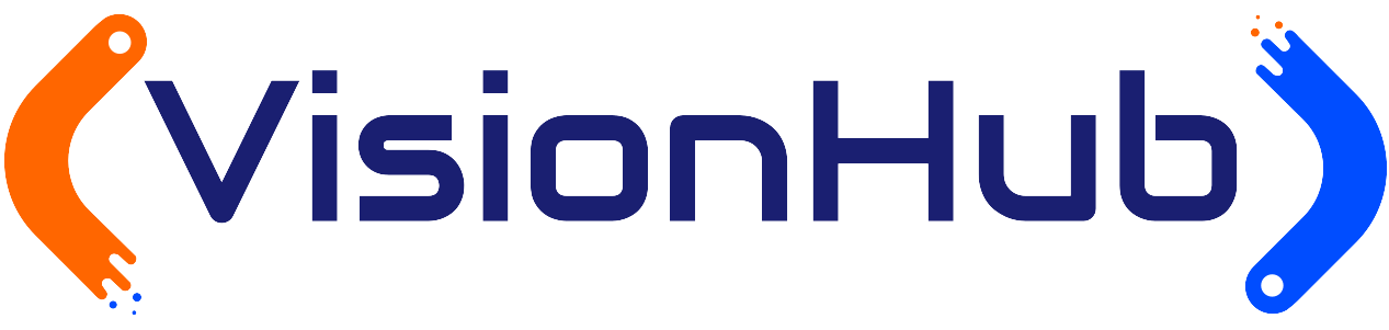 Logo VisionHub con testo blu navy e parentesi arancioni/blu.