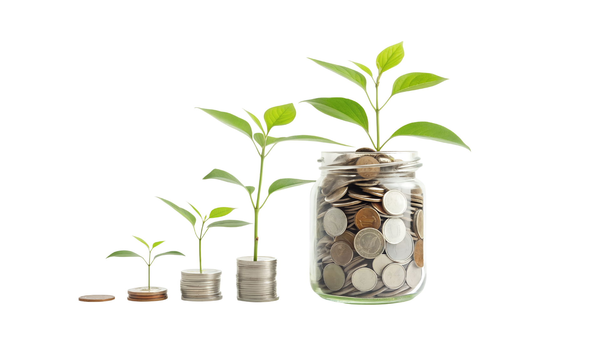 Pile di monete con piante in crescita, a simboleggiare la crescita finanziaria. Barattolo pieno di monete.
