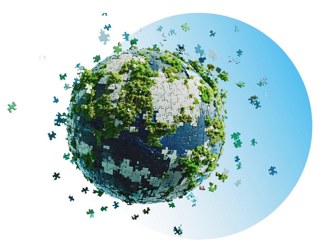 Una Terra frammentata con vegetazione, pezzi di puzzle che fluttuano via, sullo sfondo di una sfumatura blu.