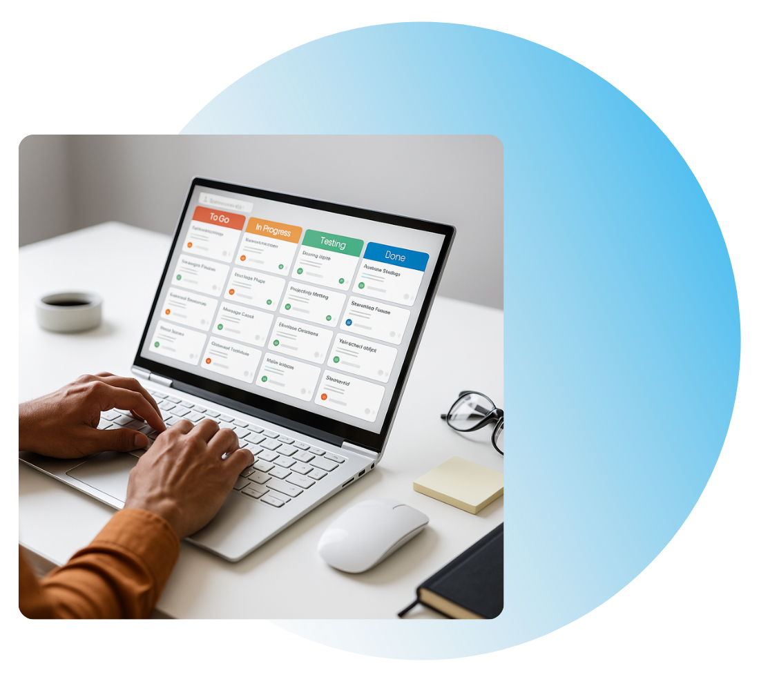 Persona che scrive sul computer portatile e che esamina la lavagna di gestione del progetto su una scrivania bianca.