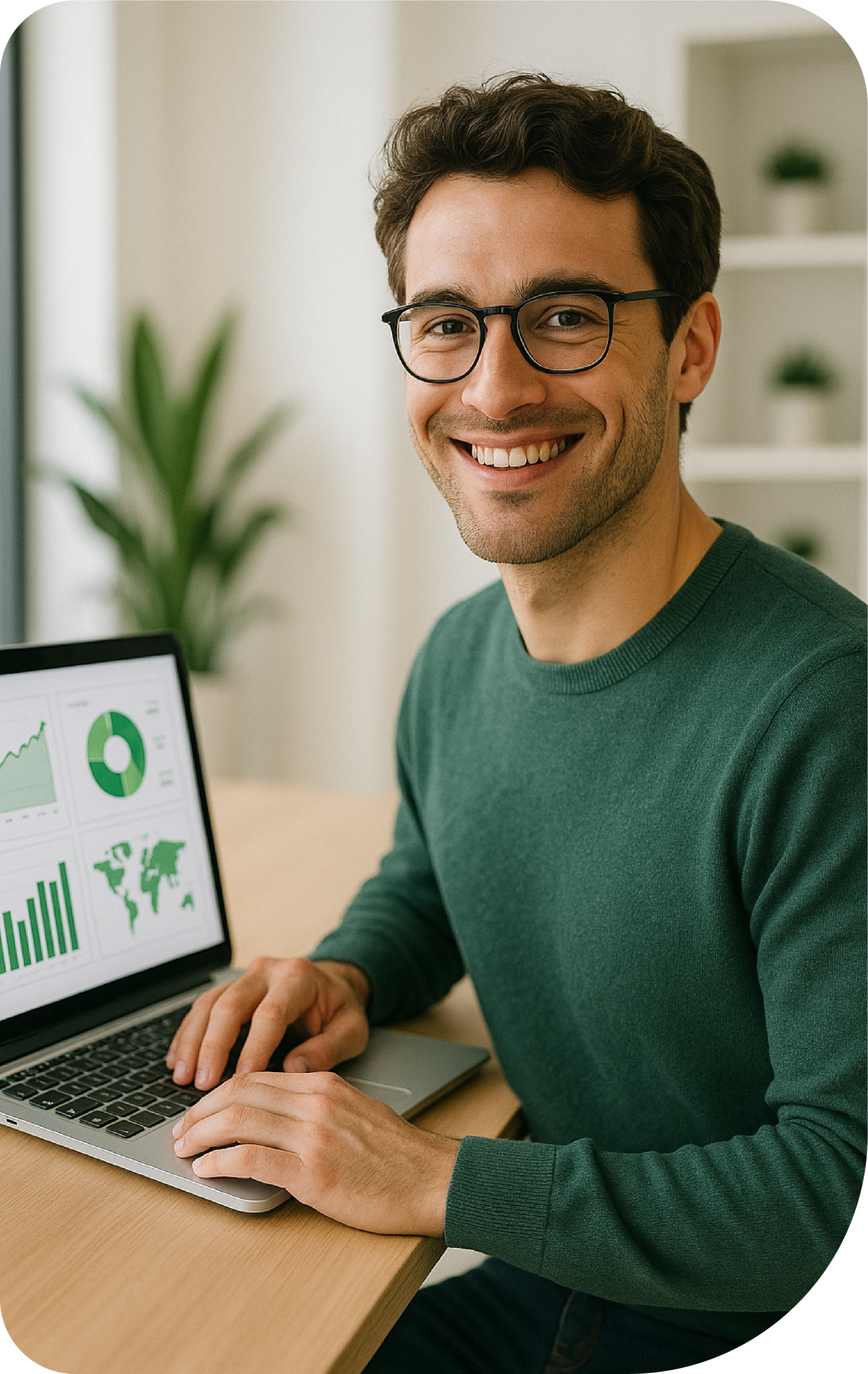 Uomo sorridente con gli occhiali, lavora al computer portatile con dei grafici, maglione verde, in casa.