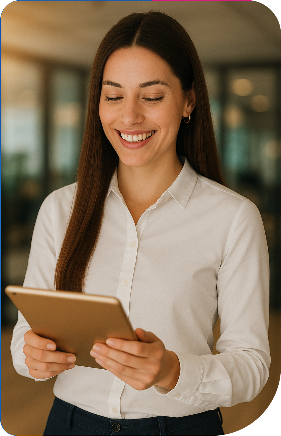 Una donna con una camicia bianca sorride mentre usa un tablet in un ufficio.