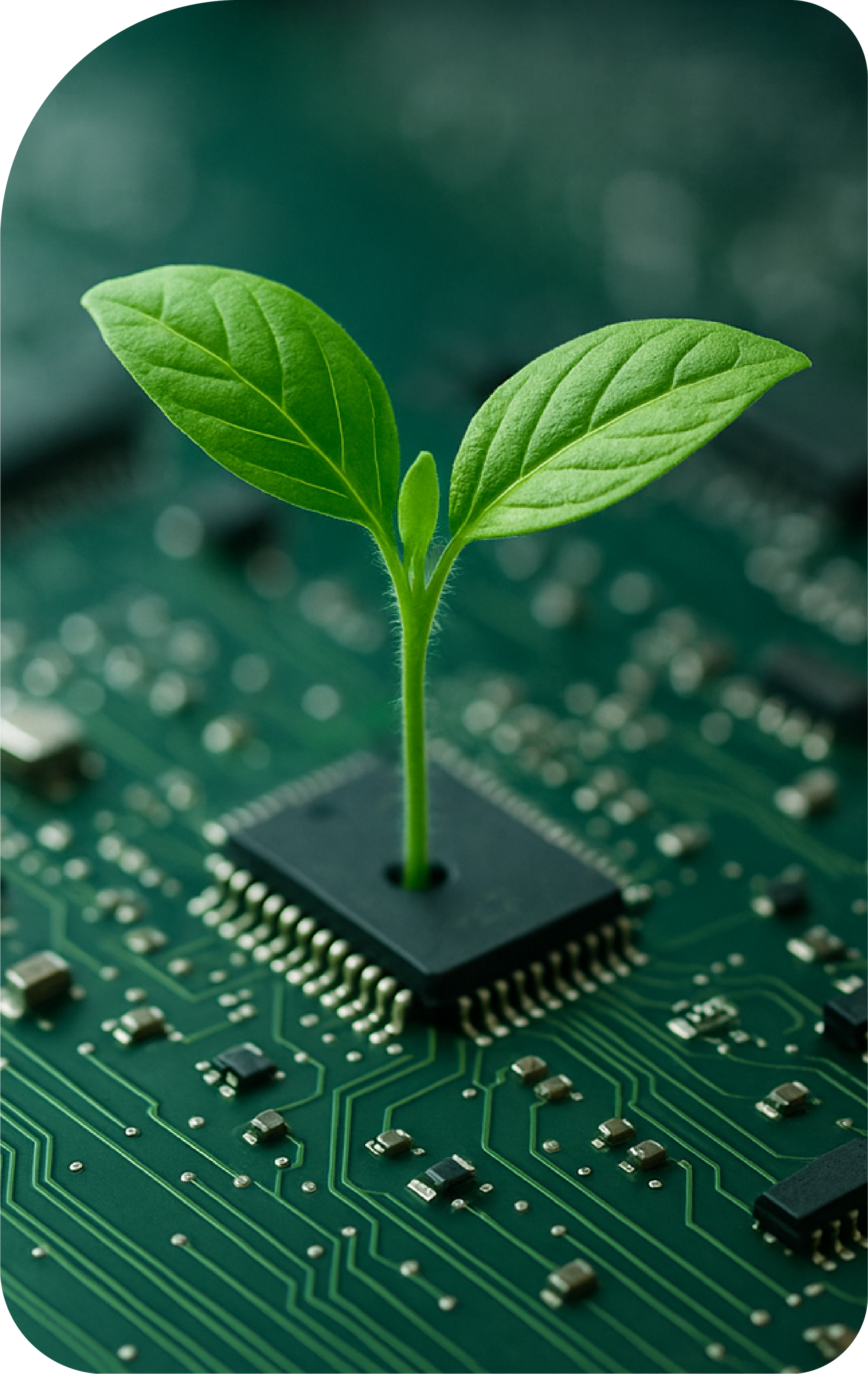 Pianta verde che cresce da un chip di computer su un circuito stampato.