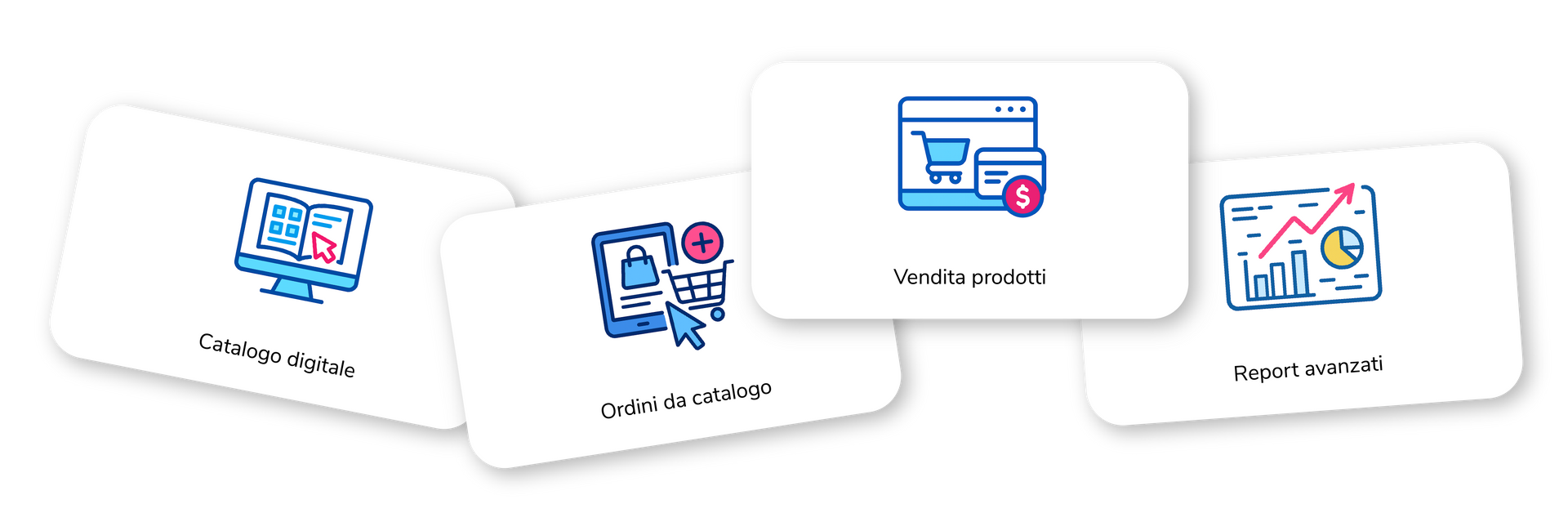 Quattro schede bianche illustrate con icone che rappresentano le funzioni aziendali online.