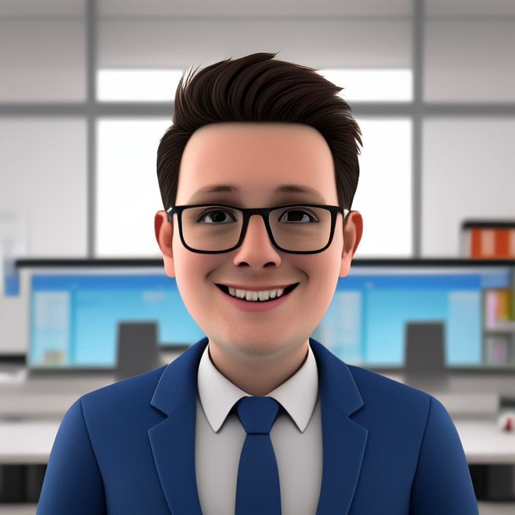 Un uomo in abito blu, occhiali e cravatta sorride. Ambiente d'ufficio.