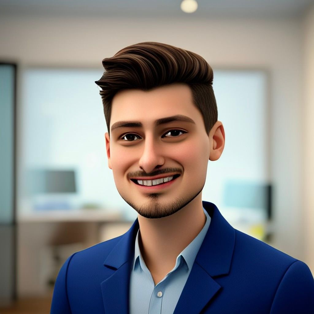 Un uomo in abito blu sorride, seduto in un ufficio.