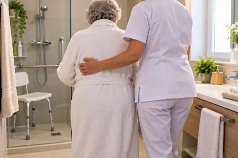 Una cuidadora vestida de blanco ayuda a una persona mayor a caminar en un baño luminoso con ducha y lavabo.