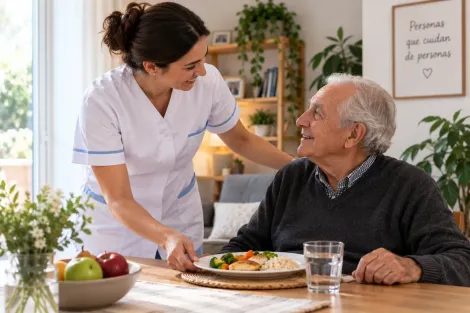 Cuidador sirviendo una comida a un anciano en una mesa de comedor en un entorno doméstico luminoso.