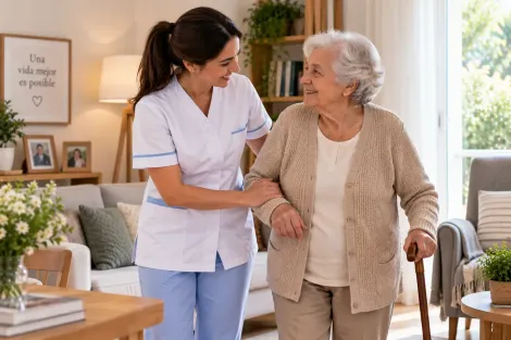 Enfermera ayudando a una anciana con bastón en una sala de estar luminosa.