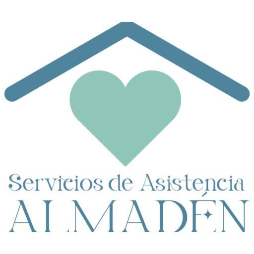 Logo de Servicios de Asistencia Almadén con corazón verde y techo azul sobre fondo blanco