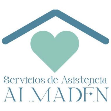 Logo de Servicios de Asistencia Almadén con corazón verde y techo azul sobre fondo blanco