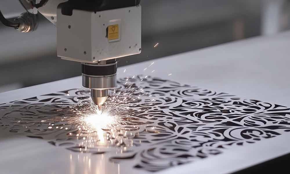 Eine Maschine schneidet ein Stück Metall mit einem Muster darauf.
