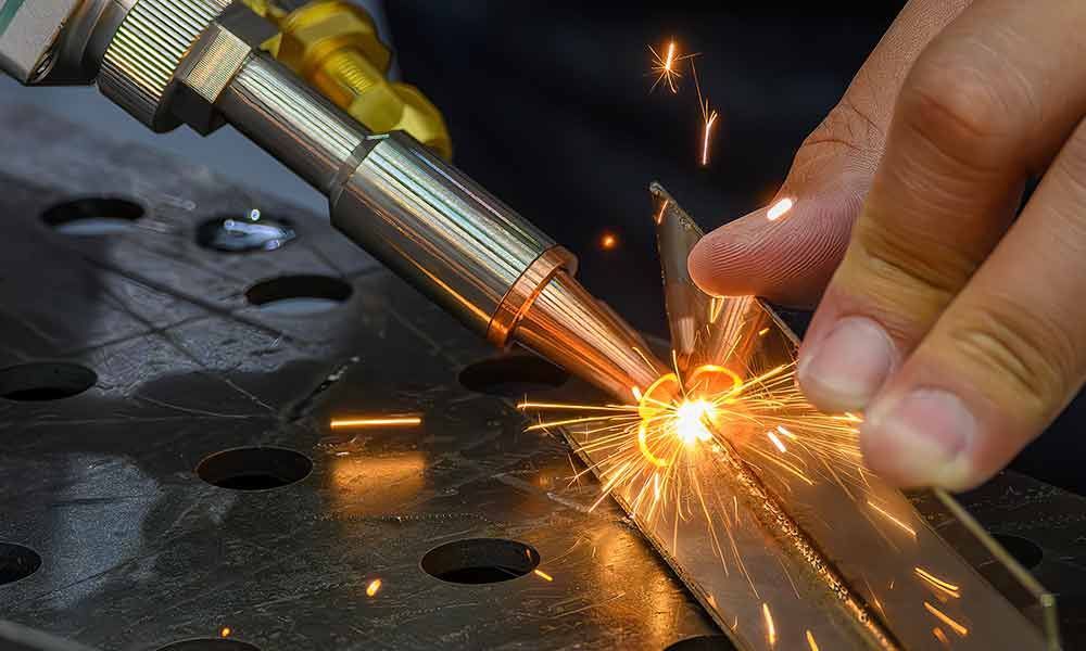 Eine Person schweißt ein Stück Metall mit einem Brenner.