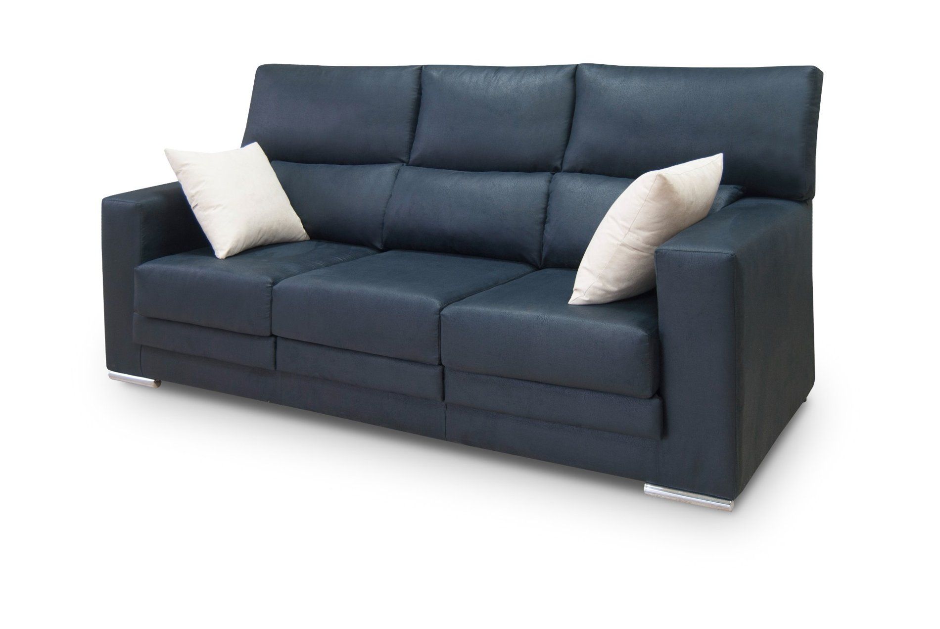 Un sofá de cuero azul con dos almohadas blancas encima.