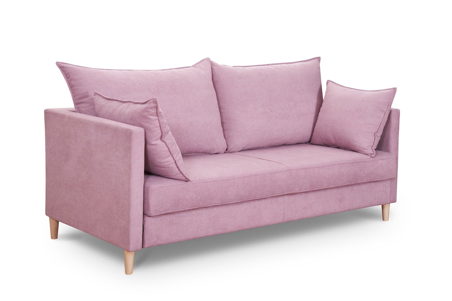 Un sofá rosa con patas de madera y almohadas sobre un fondo blanco.