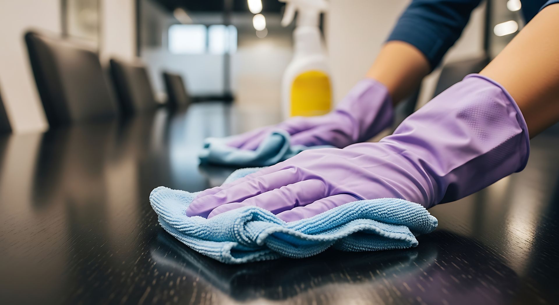 Hände in violetten Handschuhen wischen mit einem blauen Tuch einen dunklen Holztisch ab; im Hintergrund ist eine Sprühflasche zu sehen.