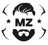Logotipo monocrom&aacute;tico: rostro de hombre con bigote y barba, iniciales "MZ", rodeado de estrellas y elementos decorativos.