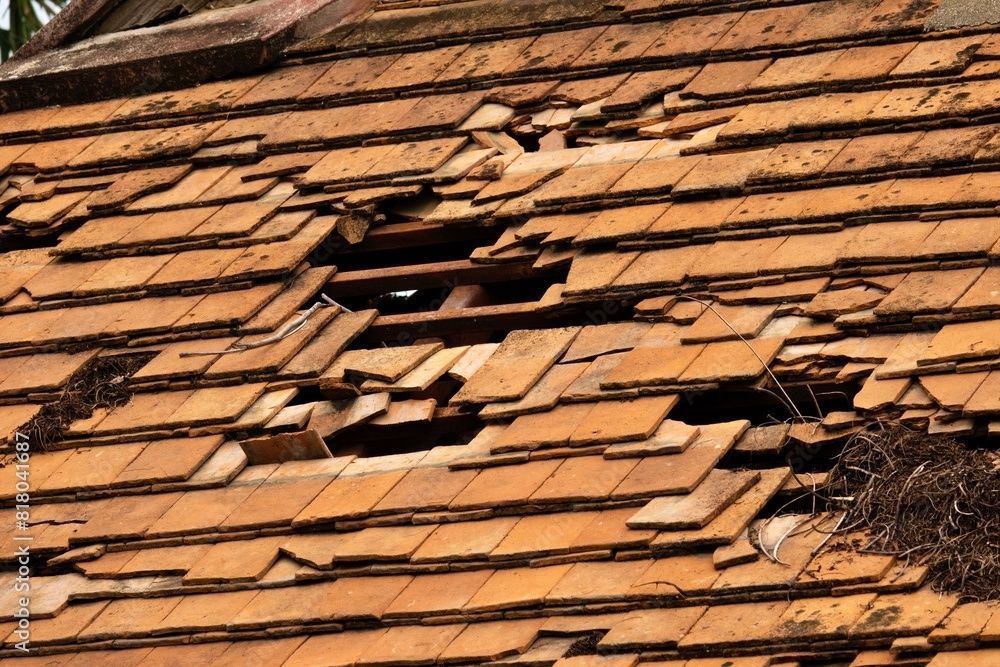 Tuiles de toit en terre cuite endommagées, présentant plusieurs trous et des sections manquantes.