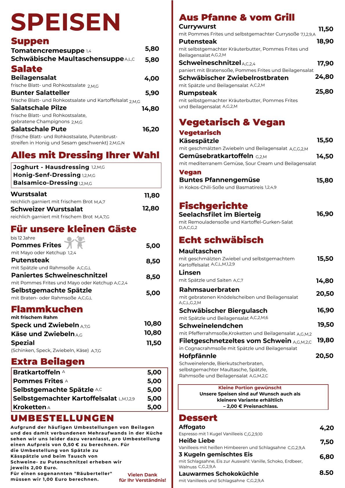 Speisekarte Suppen, Salate, Flammkuchen und Kindergerichte
