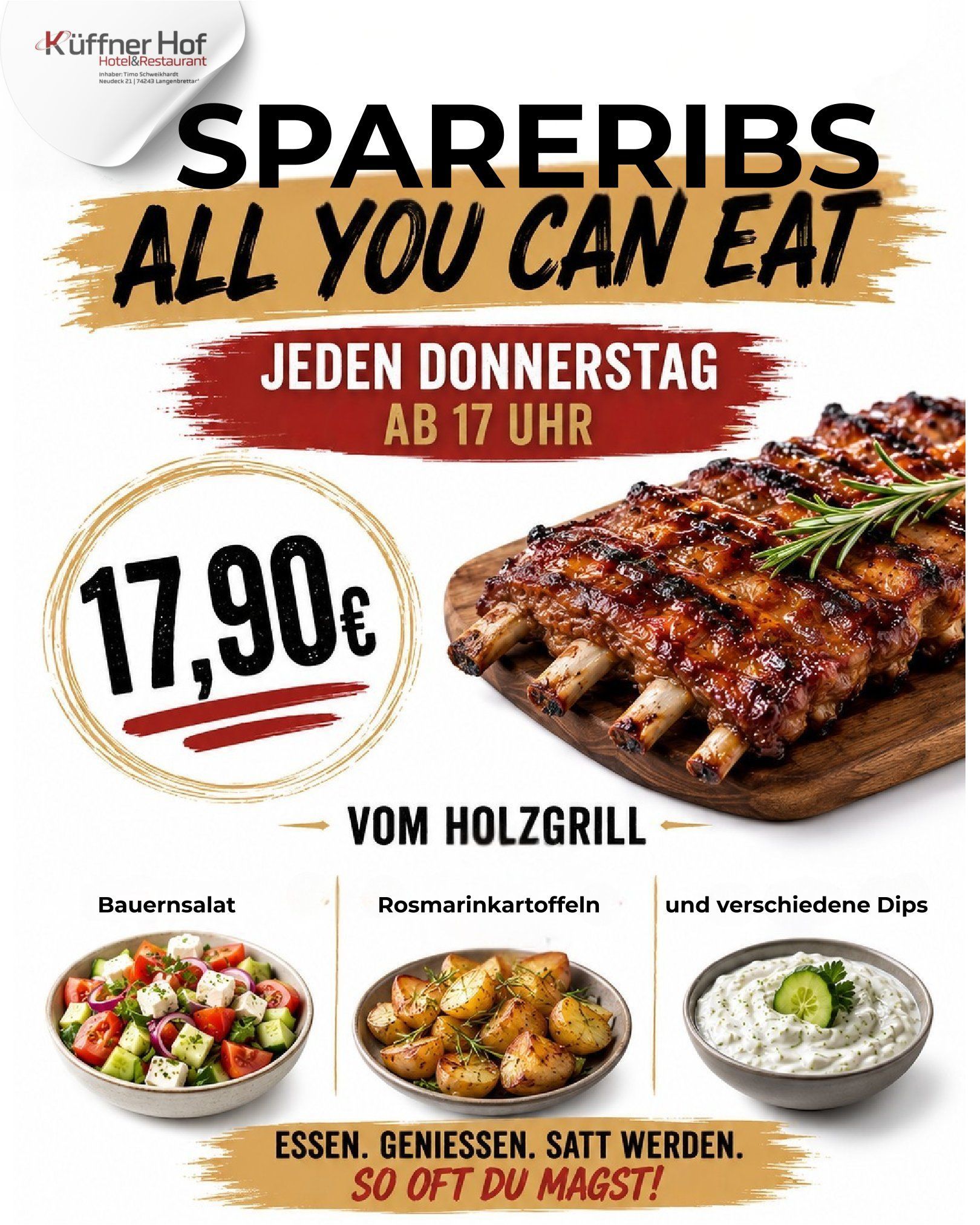 Spareribs à discretion – Preisangaben, gegrillte Rippchen, Beilagen und das Angebot am Donnerstag um 17 Uhr.