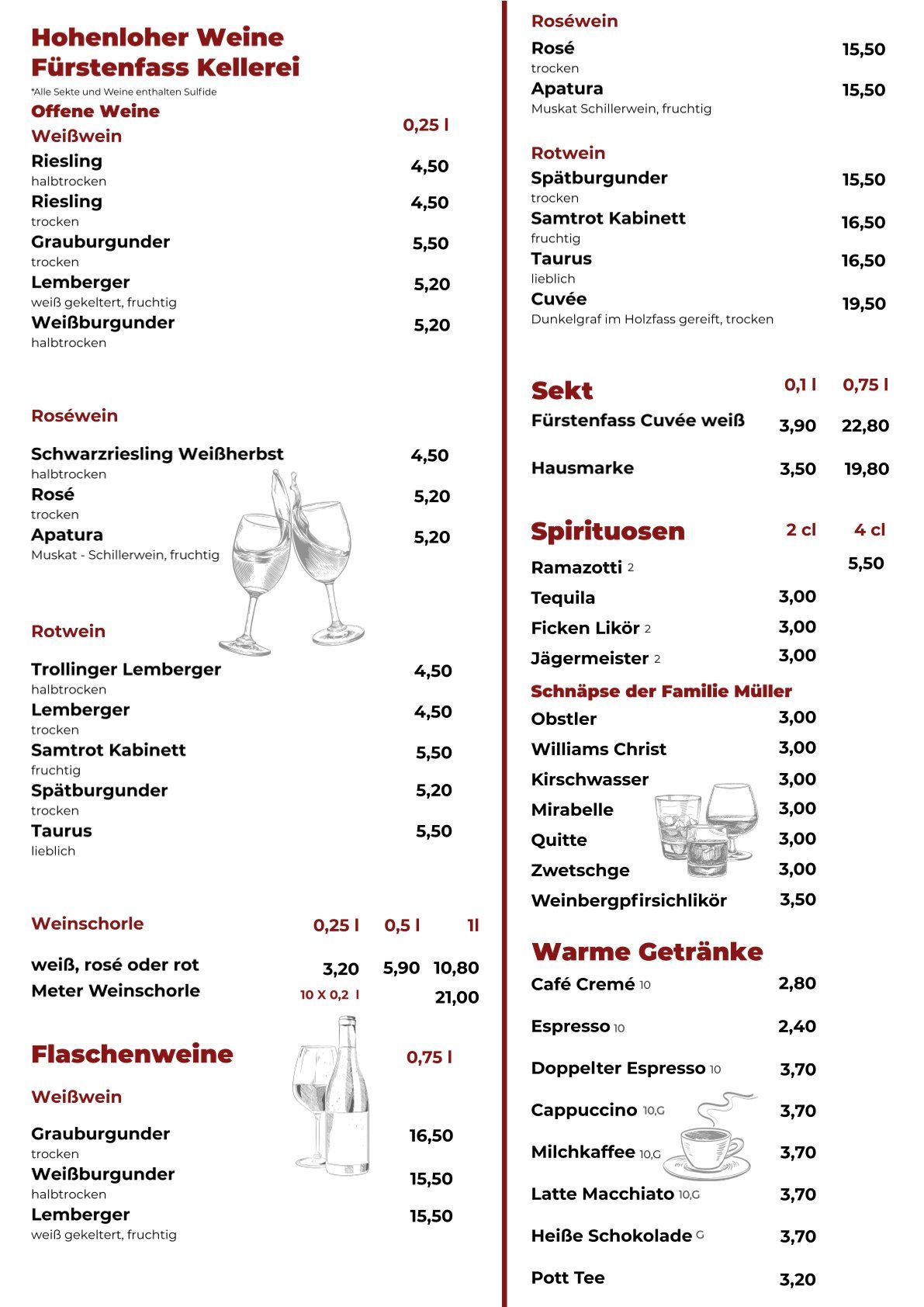 Getränkekarte Säfte, Wasser, Bier und Aperifits