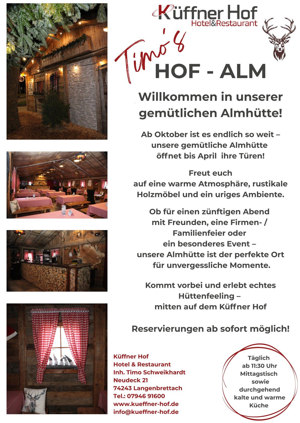Flyer für „Timos Hof-Alm“, eine gemütliche Almhütte mit Fotos vom Interieur, Exterieur und Details.