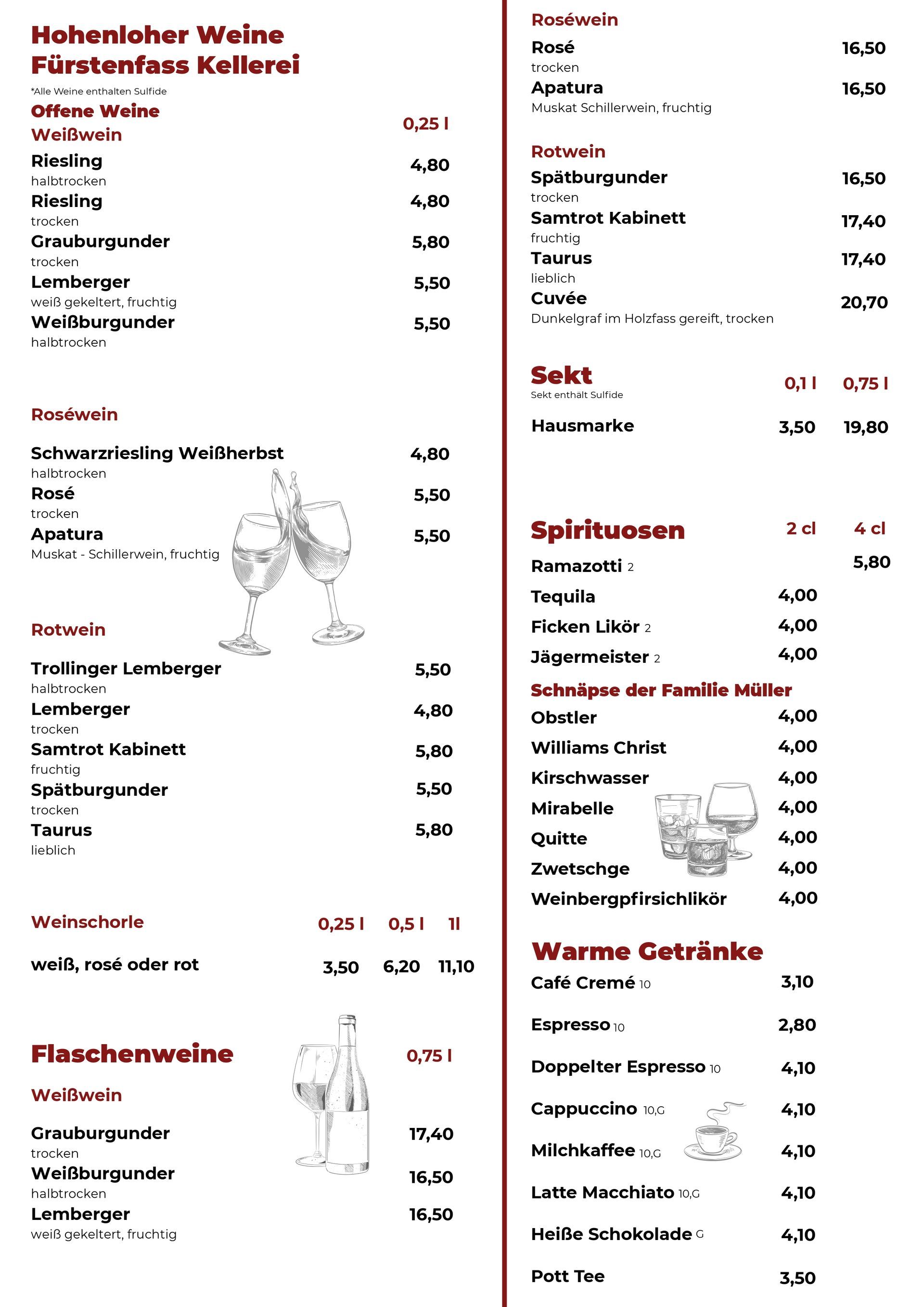 Getränkekarte Wein und Spirituosen