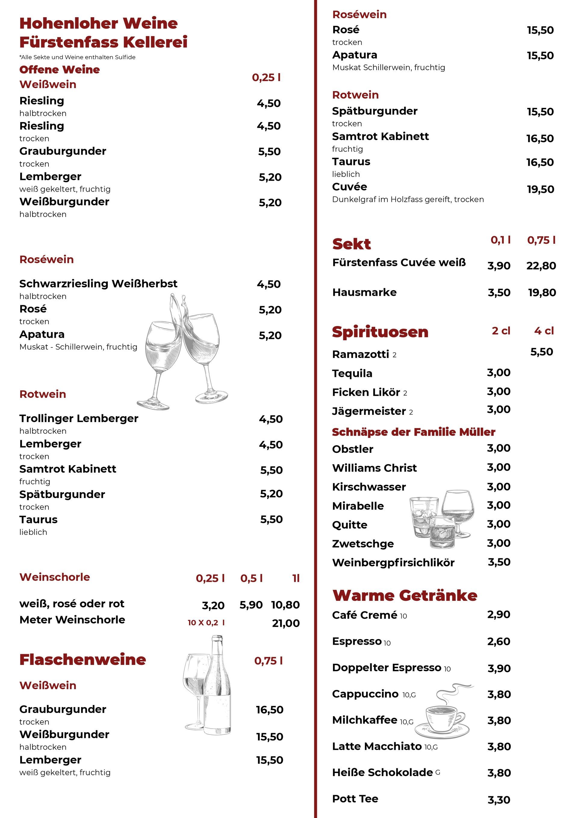 Getränkekarte Wein und Spirituosen