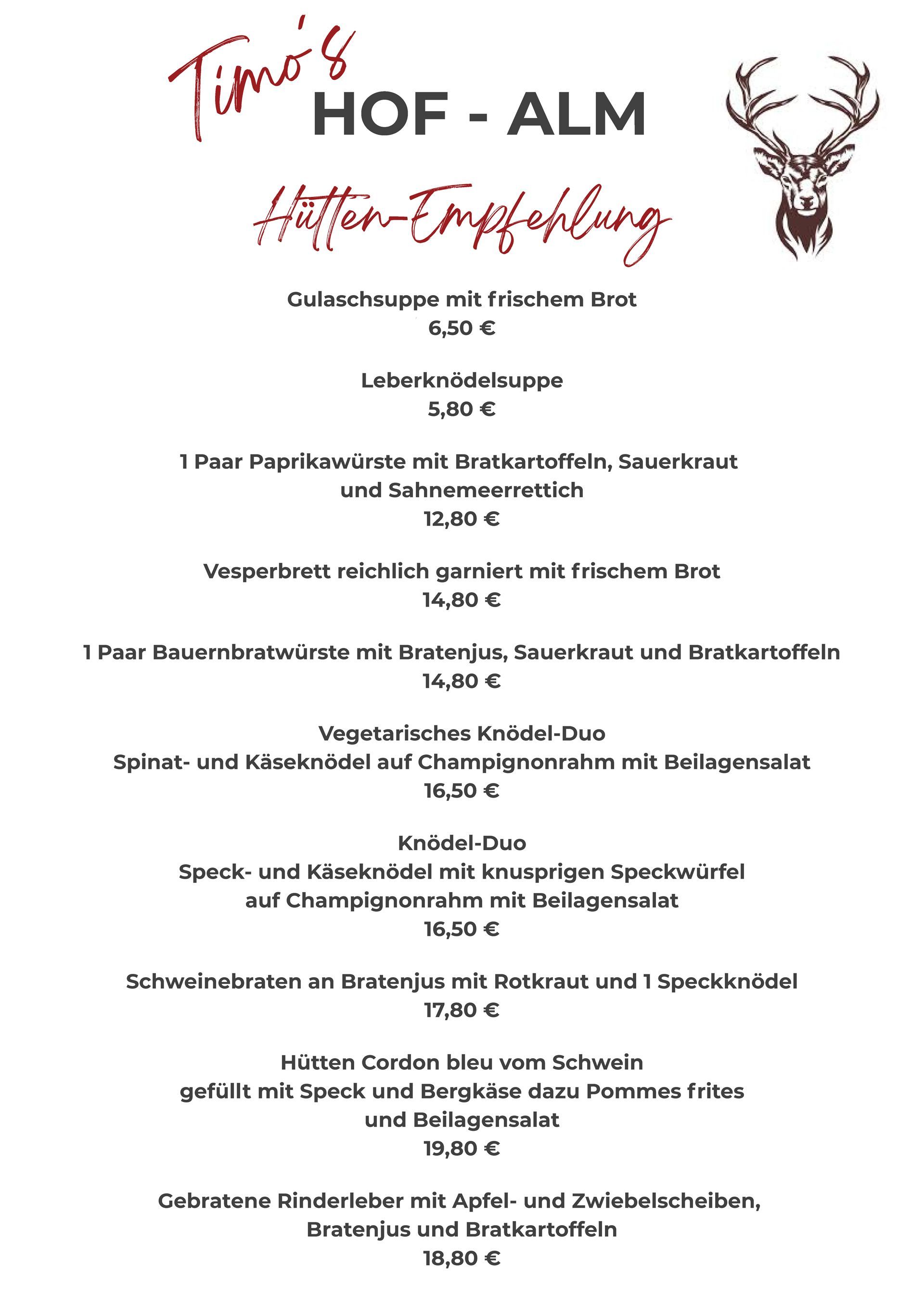 Speisekarte für Timo's Hof-Alm mit Preisen, Titel und einem Hirschlogo.
