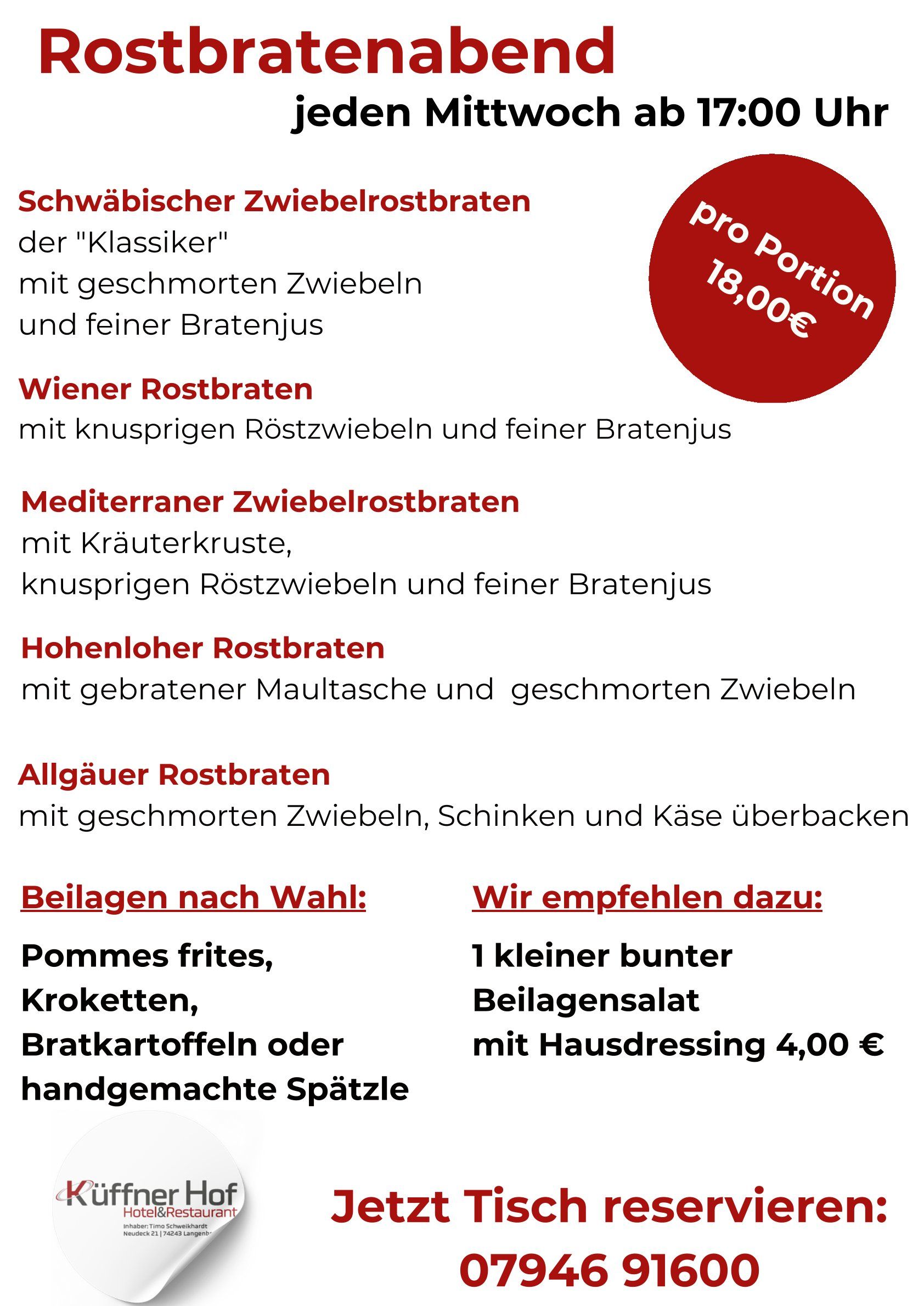 Speisekarte für den Rostbratenabend mittwochs um 17 Uhr mit verschiedenen Rinderbratengerichten und Beilagen.