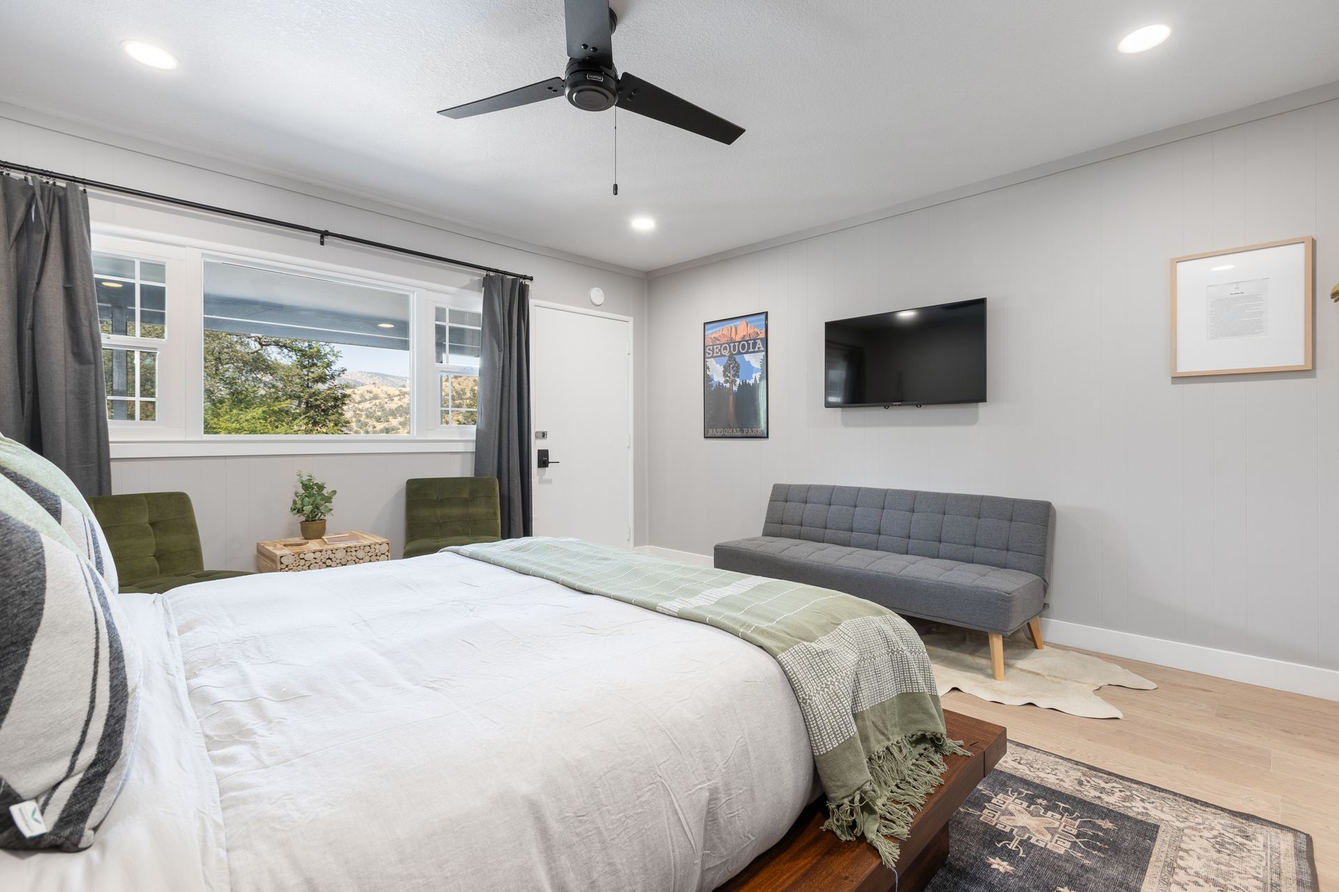 Bedroom with bed, sofa, and tv. Gray walls, window with chairs, wooden floor.